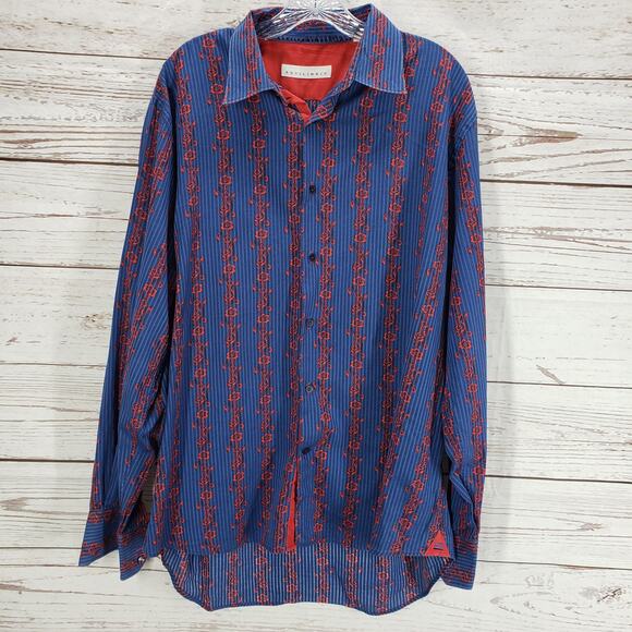 Equilibrio Modern Blue Floral Striped Cotton Button Up Long Sleeve Shirt XL - Picture 1 of 14